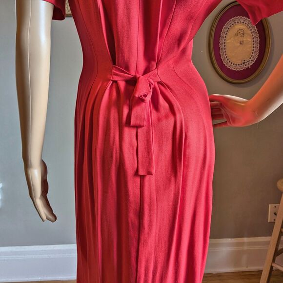 Vintage 90s Scarlett Red Midi Dress Pearl Button Front Shoulder Pads Size 3/4 - Picture 10 of 10